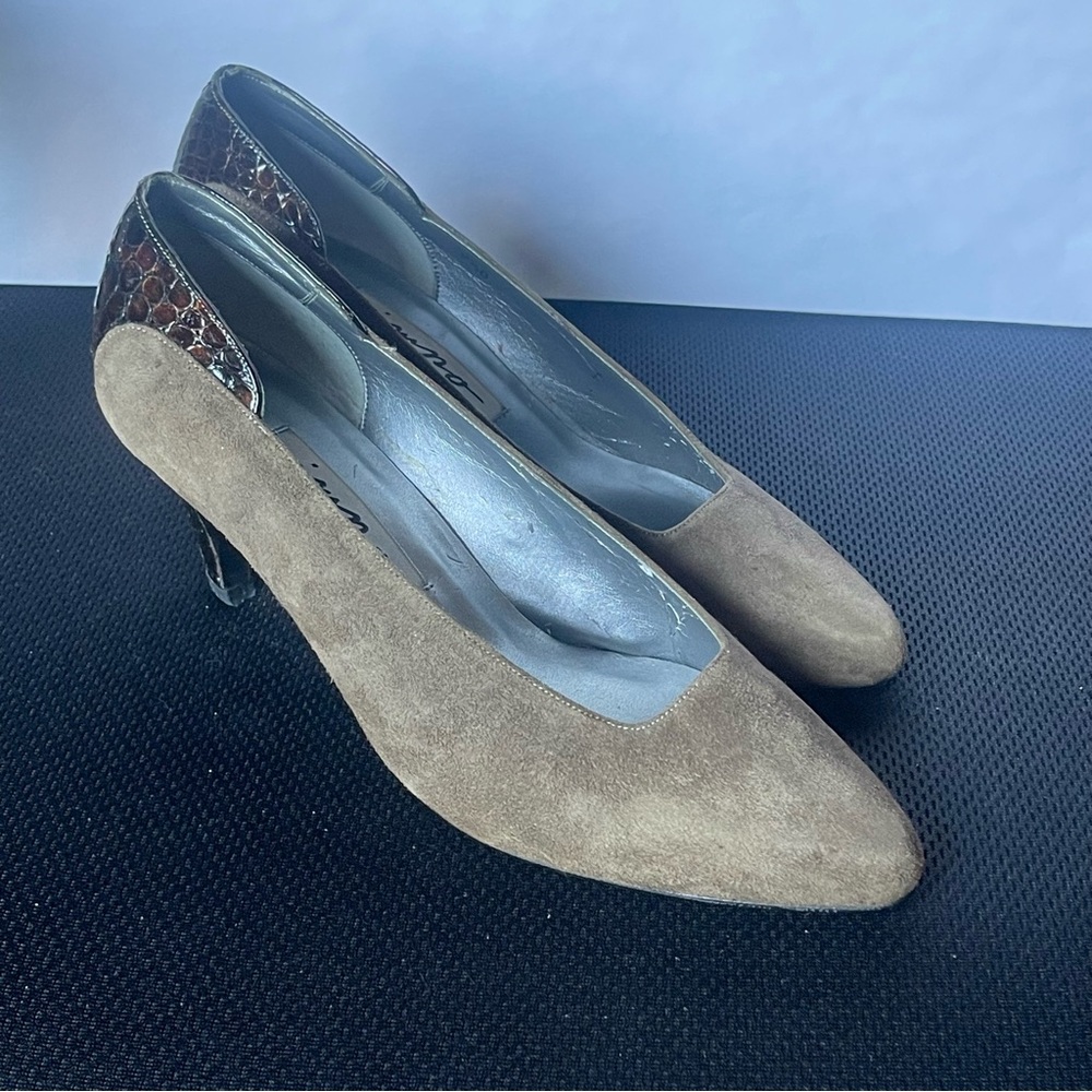VTG Impo Loden Brown Suede & Faux Crocodile Pump Sz 7.5B US - Picture 3 of 17